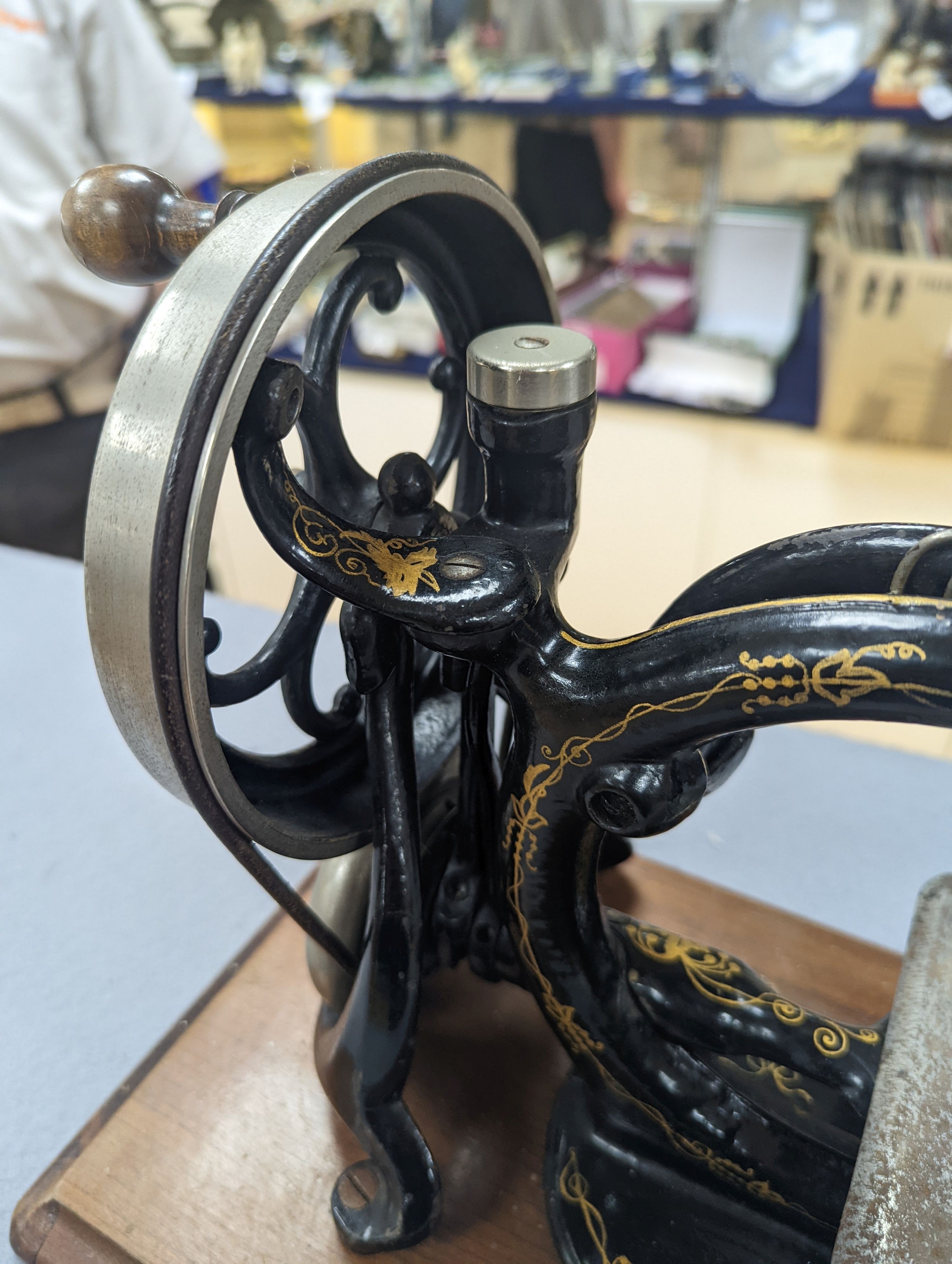 A Victorian sewing machine, Corona typewriter and two microscopes